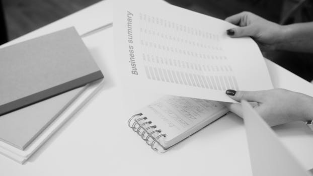 Black and white image of a businesswoman reviewing a business summary on paper.