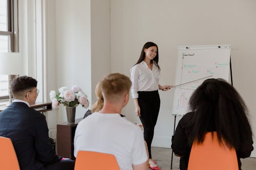 Business professionals in a meeting with a woman presenting at the whiteboard.