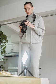 Young female photographer adjusting her camera in a stylish indoor setting, focusing intently.