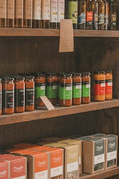 Rustic shelves stocked with artisanal jars and bottles at a local shop.