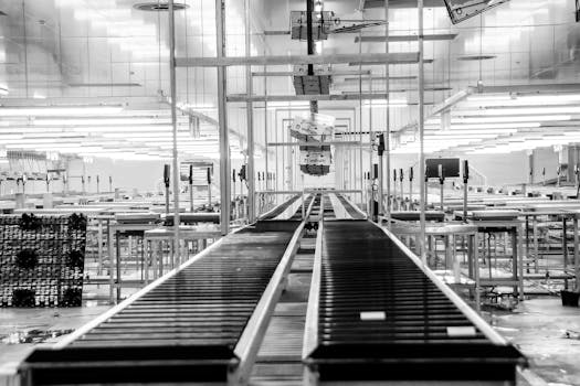 Modern conveyor system in a monochrome industrial factory setting in Redelinghuys, South Africa.